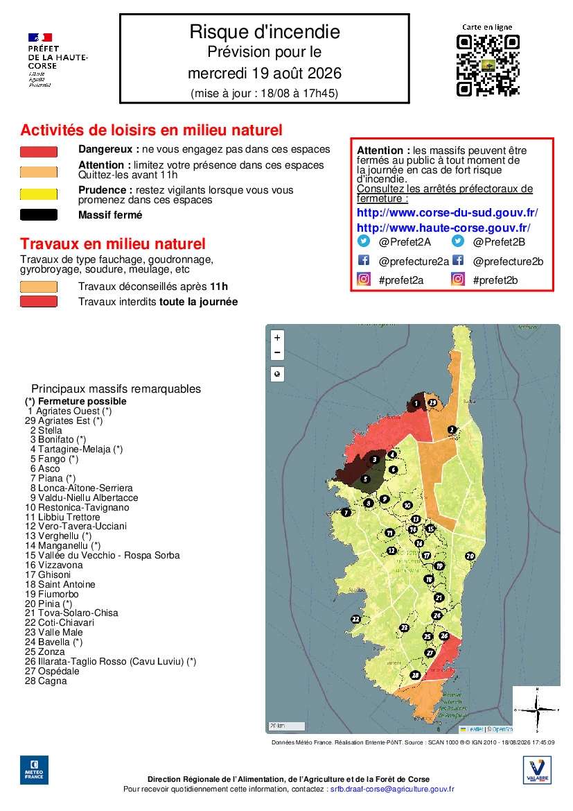 Carte du risque d'incendie en Haute-Corse pour le mercredi 19 août 2026 avec zones dangereuses, d'attention et massifs fermés