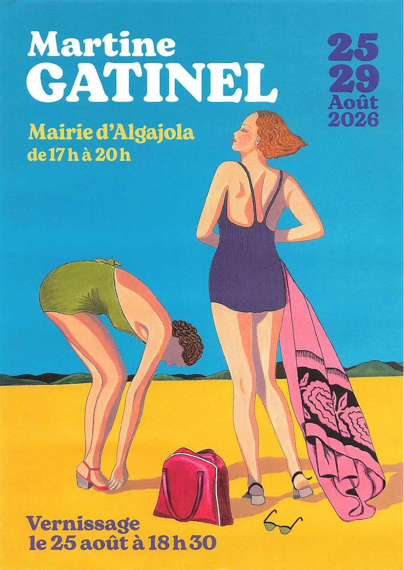 Affiche vintage d'exposition Martine Gatinel du 25 au 29 août 2026 à Algajola avec illustrations de femmes à la plage