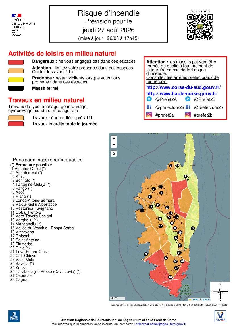 Carte du risque d'incendie en Haute-Corse le 27 août 2026 montrant les massifs forestiers et les restrictions d'accès