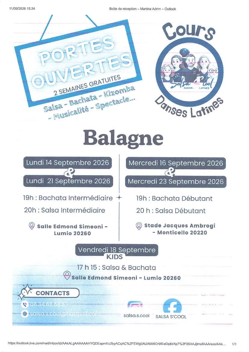 Affiche promotionnelle des cours de danses latines à Balagne avec portes ouvertes et dates septembre 2026
