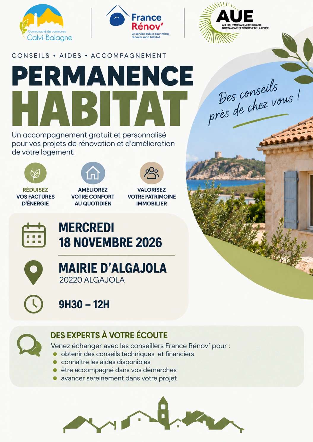 Affiche promotion permanence habitat France Rénov Algajola novembre 2026