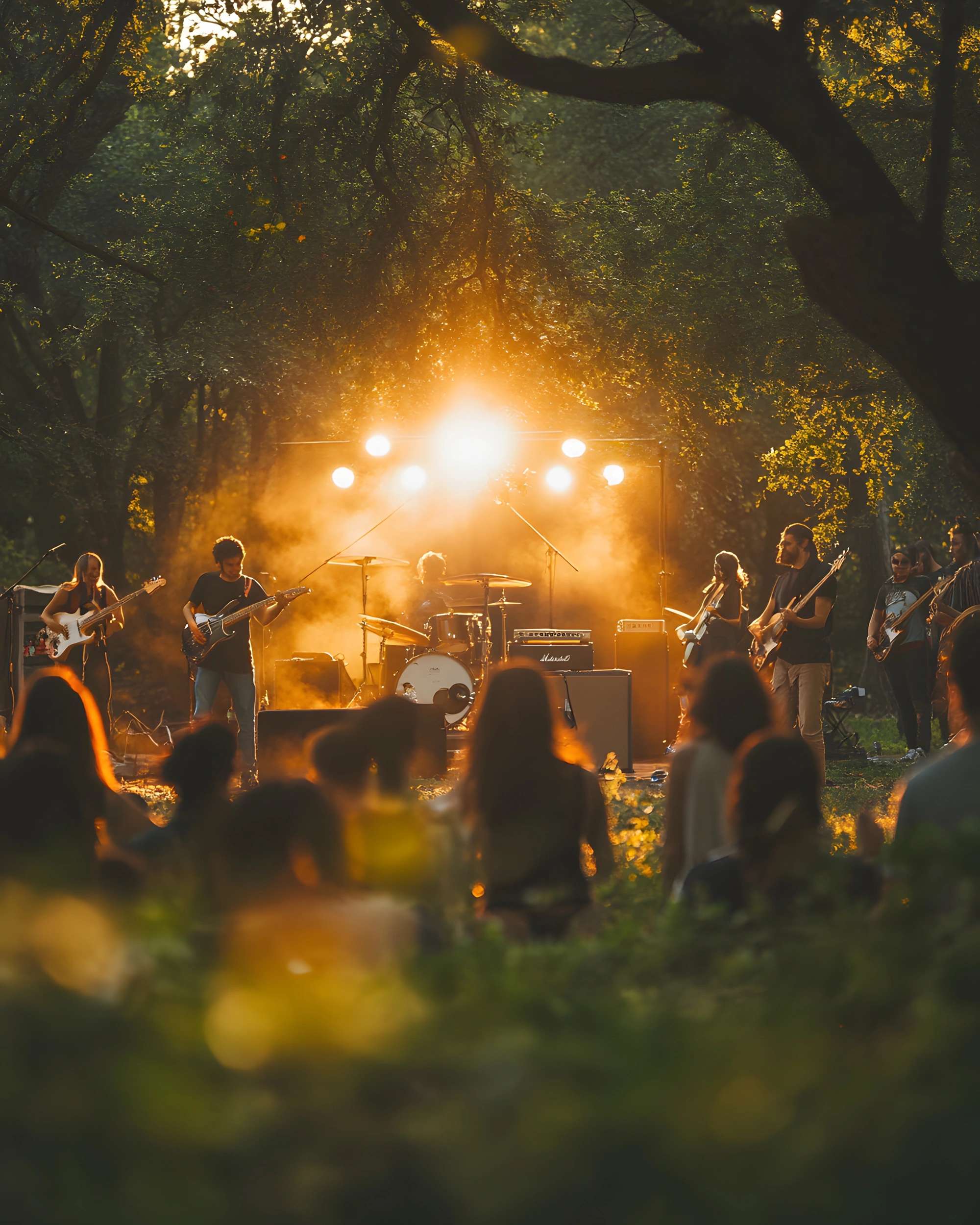 Concert en plein air dans une forêt avec musiciens sur scène éclairée et public entouré de arbres