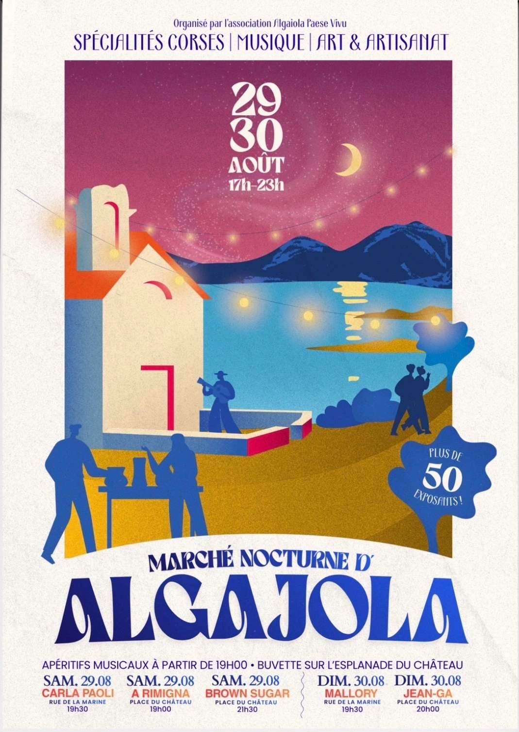 Affiche du marché nocturne d'Algajola les 29-30 août avec musique, art et artisanat en Corse
